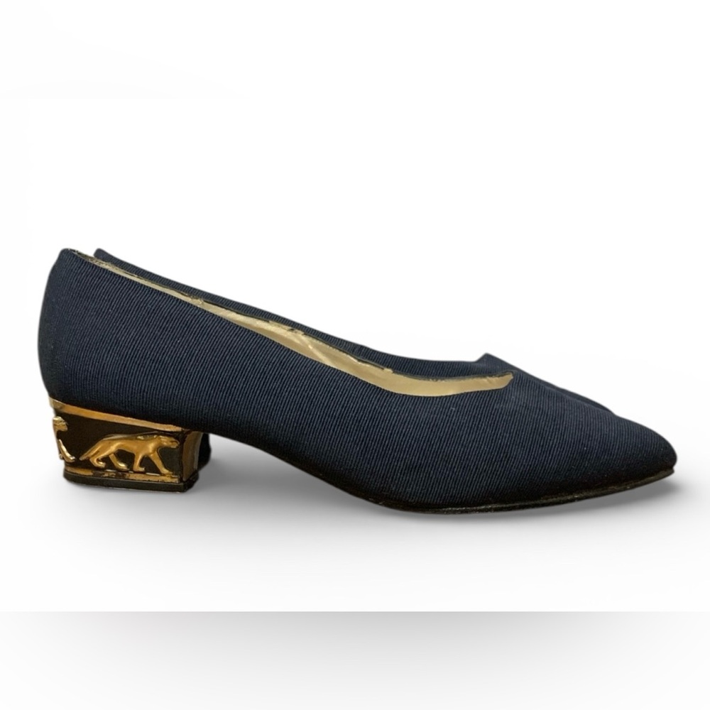 Vintage Jasmin Navy Pumps Size 8 Gold Panther Heel Low Statement Shoe